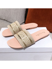 Dior Dway Embroidered Cotton Flat Slide Sandals Pink/Beige 2021