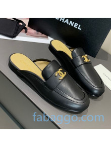 Chanel Lambskin Crystal CC Flat Loafers Mules Black 2020