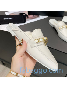 Chanel Calfskin Chain Charm Loafers Mules White 2020