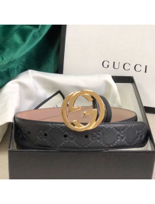 Gucci GG Embossed Leather Belt 34mm with GG Buckl Black 01
