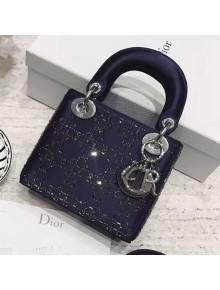 Dior Mini Lady Dior Top Handle Bag in Crystal Silk Navy Blue