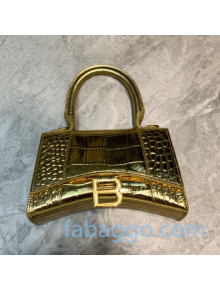 Balenciaga Hourglass Mini Top Handle Bag in Metallic Crocodile Embossed Leather Gold 2020