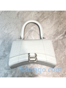 Balenciaga Hourglass Mini Top Handle Bag in Shiny Crocodile Embossed Leather White/Silver 2020
