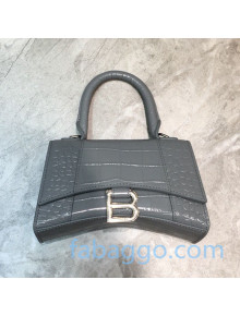 Balenciaga Hourglass Mini Top Handle Bag in Shiny Crocodile Embossed Leather Grey/Silver 2020