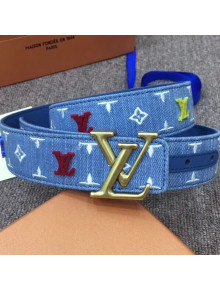Louis Vuitton New Wave Embroidery Monogram Denim Belt 35mm with LV Buckle Blue 2019