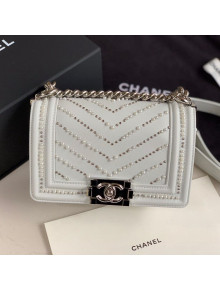 Chanel Pearl Chevron Calfskin Small Boy Flap Bag A67085 White/Silver 2020