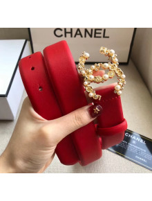 Chanel Width 3cm Smooth Leather Belt with Pearl & Metal Buckle Red 2020