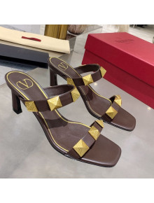 Valentino Rockstud Double Strap Heel Slide Sandals Brown 2021