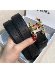 Chanel Width 3cm Quilting Leather Belt with Multicolor Crystal CC Buckle Black 2020