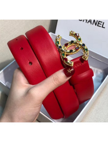 Chanel Width 3cm Smooth Leather Belt with Multicolor Crystal CC Buckle Red 2020
