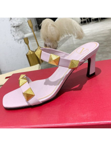 Valentino Rockstud Double Strap Heel Slide Sandals Pink 2021
