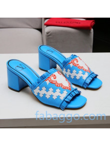 Valentino Print Fringe Medium Heel Slide Sandals Blue 2020