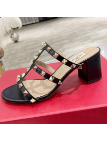 Valentino Rockstud Calfskin Slide Sandal 6cm Black 2021