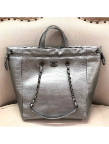Chanel Metallic Crocodile Embossed Calfskin Large Shopping Bag AS0801 Silver 2019