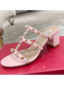 Valentino Rockstud Calfskin Slide Sandal 6cm Light Pink 2021