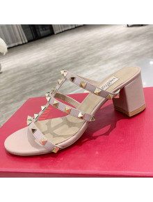 Valentino Rockstud Calfskin Slide Sandal 6cm Nude Pink/Gold 2021