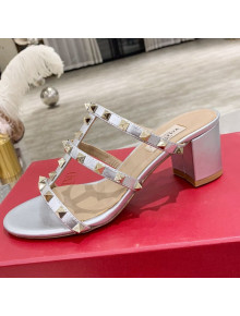 Valentino Rockstud Calfskin Slide Sandal 6cm Silver 2021