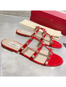 Valentino Rockstud Patent Leather Flat Slide Sandal Red 2021