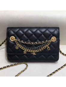 Chanel Quilted Smooth Leather Chain Tassel Wallet on Chain WOC A86031 Black 2019