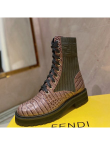 Fendi Rockoko Stone Embossed Calfskin and Knit Ankle Boots Brown 2021