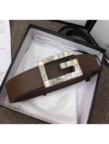 Gucci Width 3.5cm Leather Belt with Crystal Square G Buckle Coffee 2020