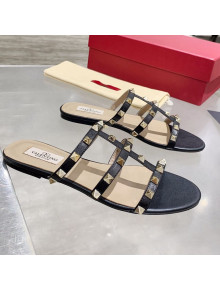 Valentino Rockstud Calfskin Flat Slide Sandal Black 2021