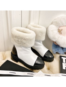 Chanel Shiny Leather and Wool Short Boots with Pearl CC White 2020
