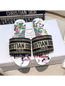 Dior Dway Flat Slide Sandals in Black Embroidered Cotton 2021 37