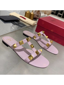 Valentino Roman Stud Calfskin Flat Slide Sandals Purple 2021