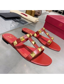 Valentino Roman Stud Calfskin Flat Slide Sandals Red 2021