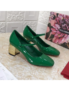 Dolce & Gabbana DG Patent Leather Mary Janes Pumps Green/Gold 2021 111507