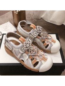 Gucci Flat Leather and Mesh Sandal ‎570440 White 2019