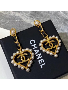 Chanel Chain Leather and Pearl Heart Pendant Earrings Black/White/Gold 2019