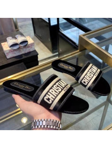 Dior Velvet Embroidered Slide Sandals Black 2020