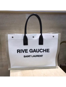 Saint Laurent Rive Gauche Tote Bag in White Linen and Black Leather 2018