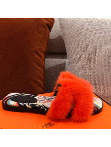 Hermes Oran Mink Fur Flat Slide Sandals Orange 2021