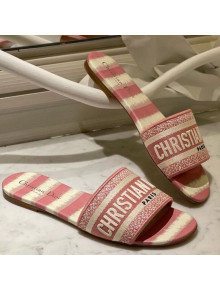 Dior Dway Flat Slide Sandals in Pink D-Stripes Embroidered Cotton 2021 42
