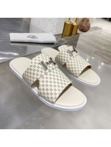 Hermes Men's Izmir H Print Calfskin Flat Slide Sandals White 19 2021