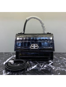 Balenciaga Sharp XS Satchel Shoulder Bag in Black Crocodile Embossed Shiny Calfskin 2020