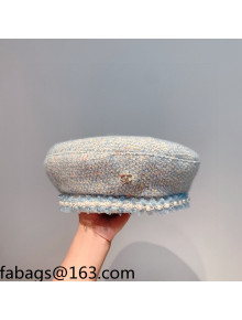 Chanel Tweed Pearl Beret Hat Blue 2021 110478