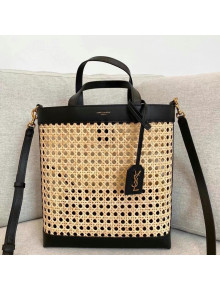 Saint Laurent N/S Toy Shopping Bag In Woven Cane and Leather 655161 Beige/Black 2021