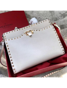 Valentino Grained Calfskin Rockstud Large Top Handle Bag White Fall 2018