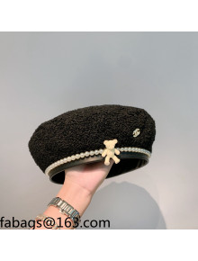 Chanel Shearling Bear Beret Hat Black 2021 110492