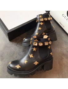 Gucci Bee Star Embroidered Leather Short Platform Boot with Crystal Belt 557735 Black 2019