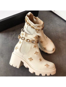 Gucci Bee Star Embroidered Leather Short Platform Boot with Crystal Belt 557735 White 2019