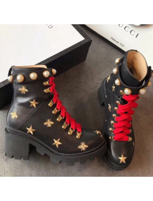 Gucci Bee Star Embroidered Leather Short Platform Boot with Contrasting Laces 498695 Black 2019