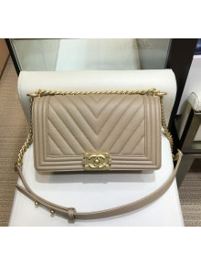 Chanel Chevron Grained Calfskin Medium Boy Flap Bag A67085 Beige/Gold 2019