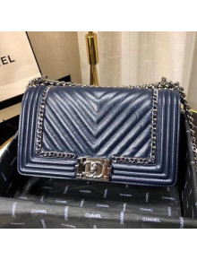 Chanel Medium Crinkled Calfskin Chain Trim Chevron Classic Boy Flap Bag Navy Blue 2019
