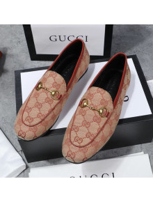 Gucci Jordaan Horsebit GG Canvas Flat Loafers Beige/Brick Red 2020