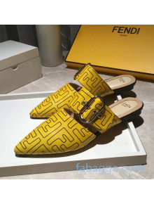 Fendi FF Leather Flat Mules with Buckle Band Yellow 2020